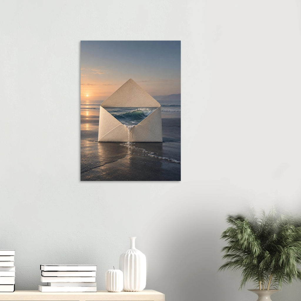 The Tide Keeps fine art print shown on a neutral wall above a console. Frame not included.