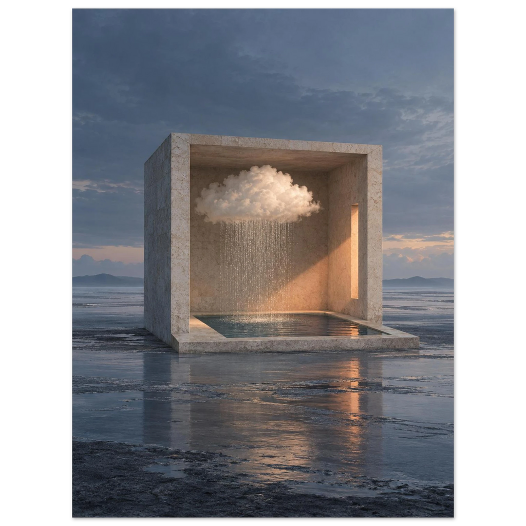 Inner Weather, 30 × 40 cm: a limestone room containing a rain cloud and pool on a quiet blue tidal flat.