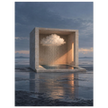 Inner Weather, 30 × 40 cm: a limestone room containing a rain cloud and pool on a quiet blue tidal flat.
