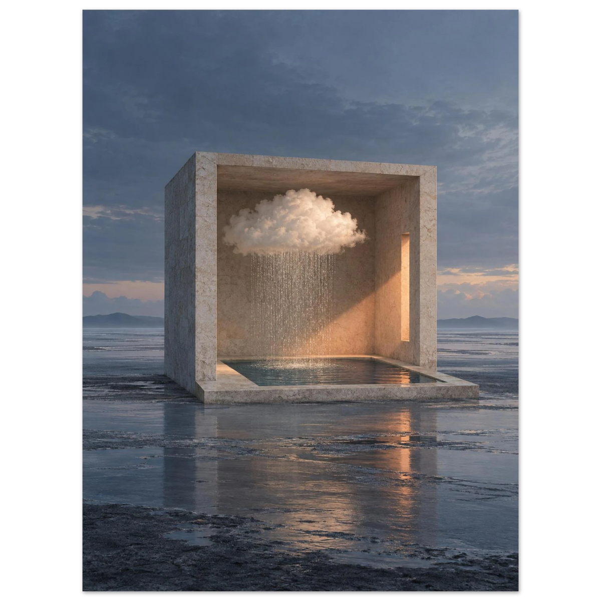 Inner Weather, 30 × 40 cm: a limestone room containing a rain cloud and pool on a quiet blue tidal flat.