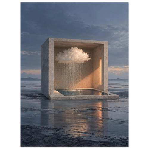 Inner Weather, 30 × 40 cm: a limestone room containing a rain cloud and pool on a quiet blue tidal flat.