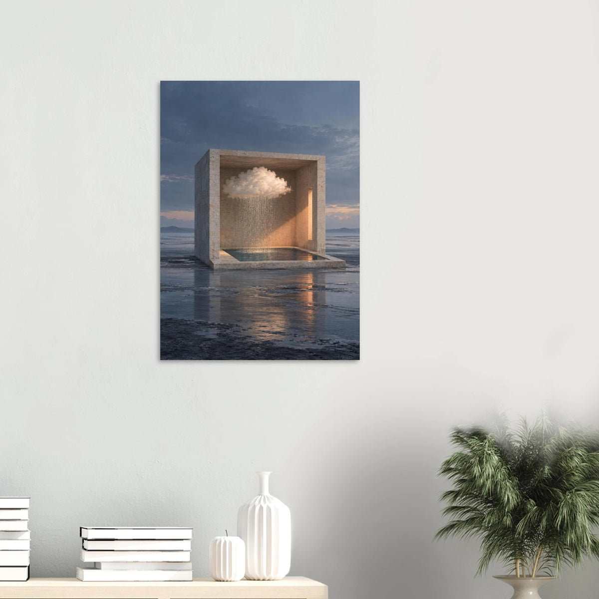 Inner Weather fine art print shown above a console in a quiet neutral room. Frame not included.