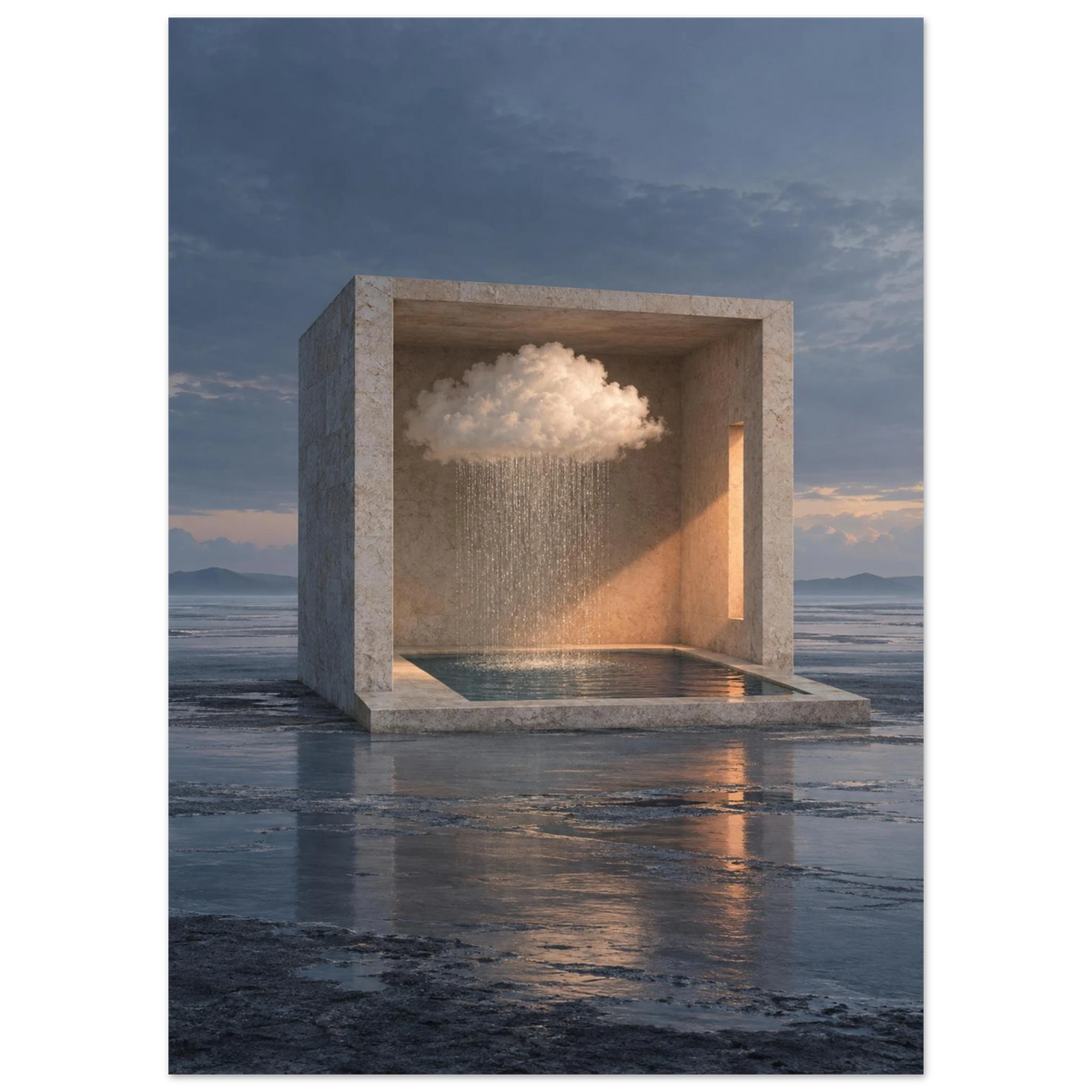 Inner Weather, 50 × 70 cm: a limestone room containing a rain cloud and pool on a quiet blue tidal flat.