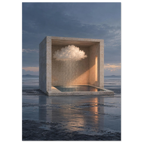 Inner Weather, 50 × 70 cm: a limestone room containing a rain cloud and pool on a quiet blue tidal flat.