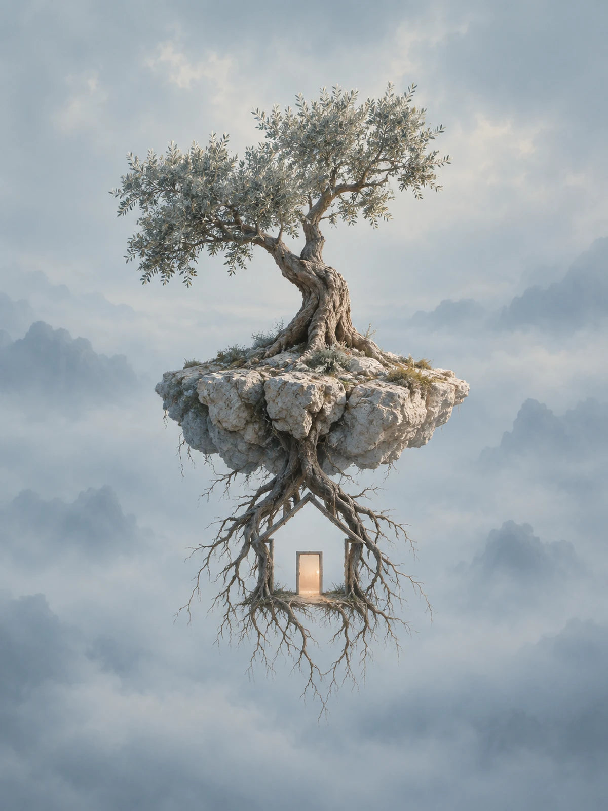 A Place to Return, 30 × 40 cm: an olive tree on a floating limestone island, its roots forming a house around a softly lit doorway.