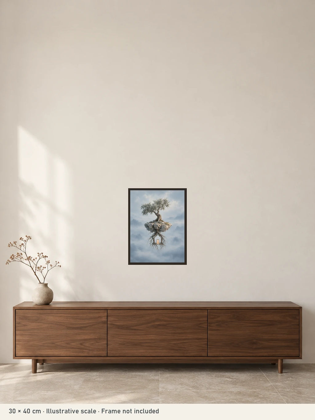 A Place to Return art print illustrated at 30 × 40 cm above a console. Frame not included; room scale is illustrative.