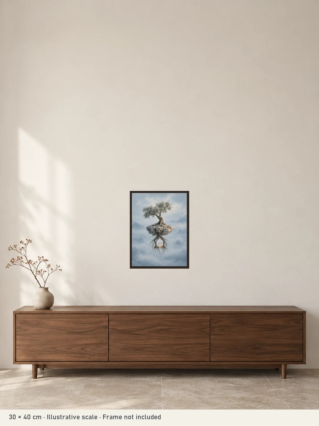 A Place to Return art print illustrated at 30 × 40 cm above a console. Frame not included; room scale is illustrative.