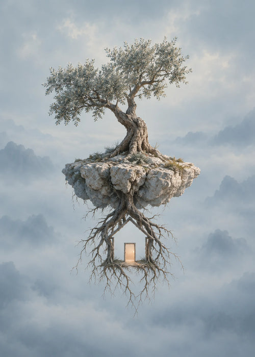 A Place to Return, 50 × 70 cm: an olive tree above pale clouds, with a glowing doorway held within its roots.