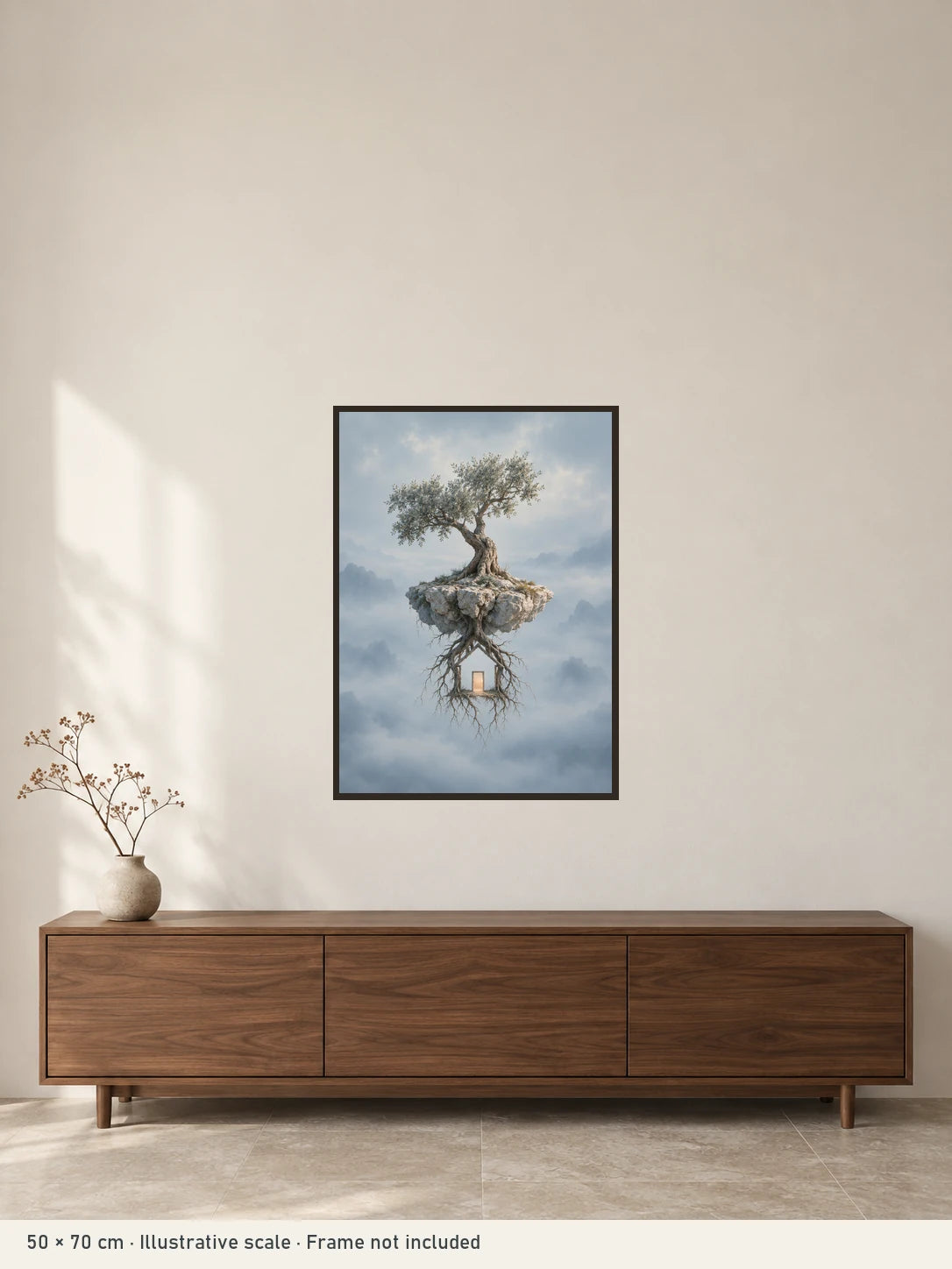A Place to Return art print illustrated at 50 × 70 cm in a calm neutral interior. Frame not included; room scale is illustrative.