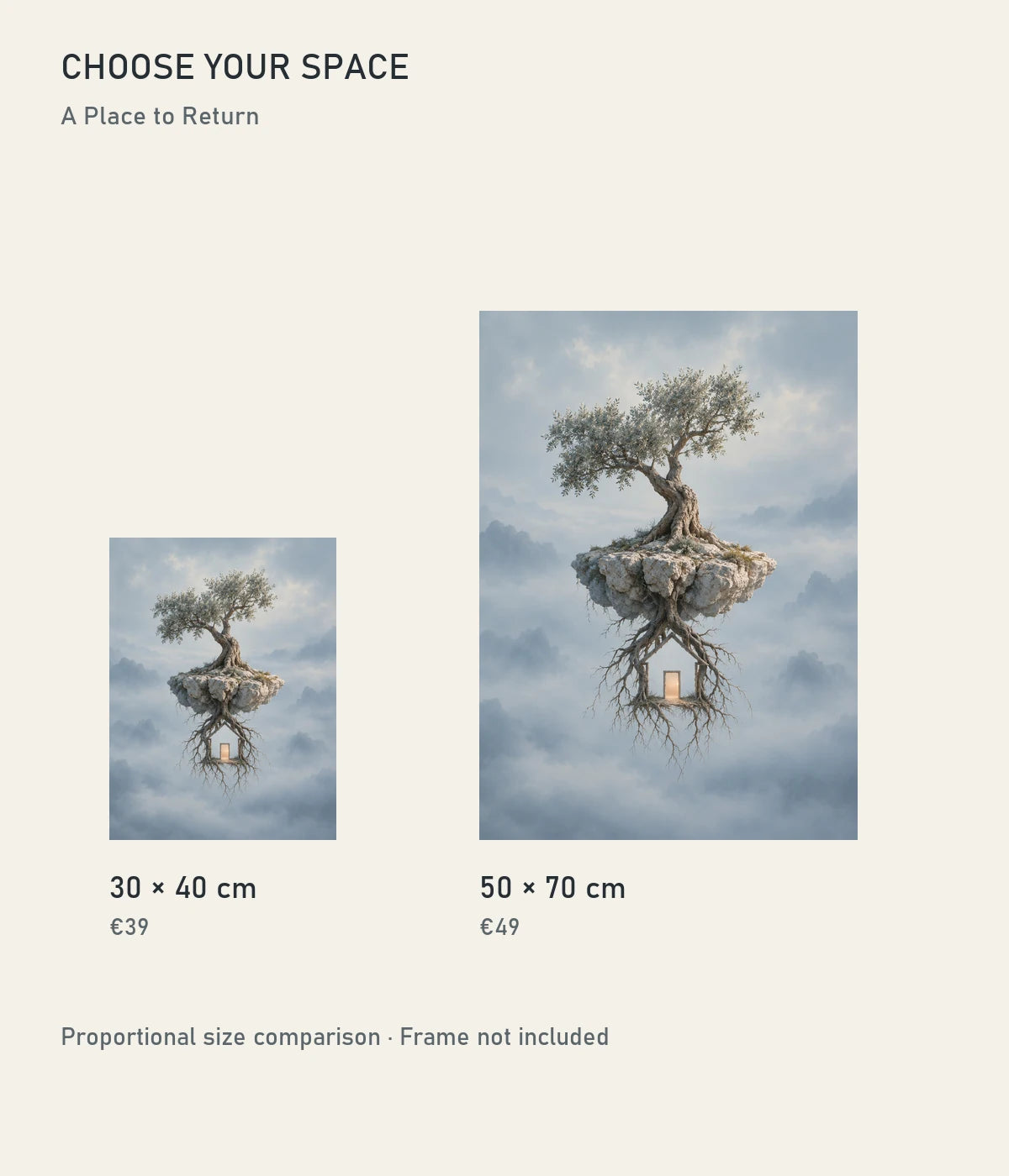 Size comparison of the 30 × 40 cm and 50 × 70 cm A Place to Return prints, shown in their correct relative proportions. Prints are unframed.
