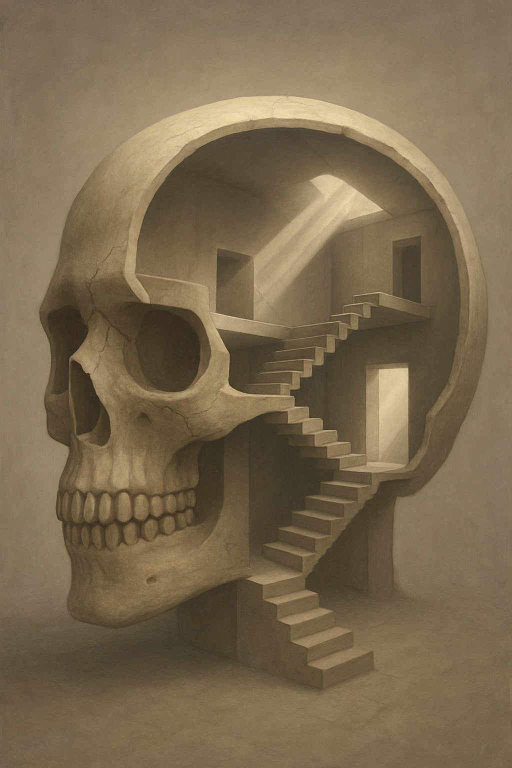 Ascension Within — original artwork, a sculptural skull filled with staircases and quiet passages.