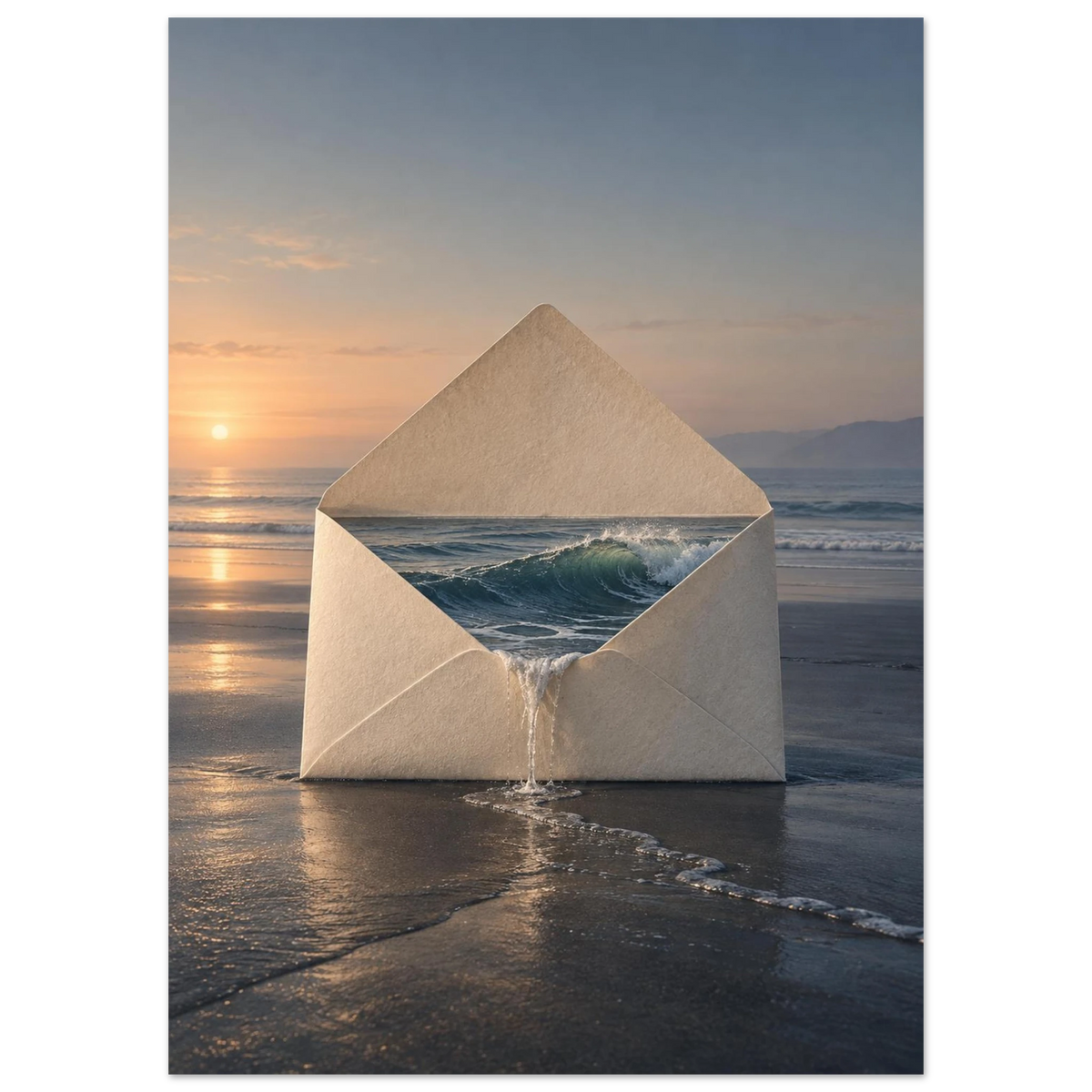 The Tide Keeps, 50 × 70 cm: an ivory envelope holding an ocean wave on a reflective shore at dawn.