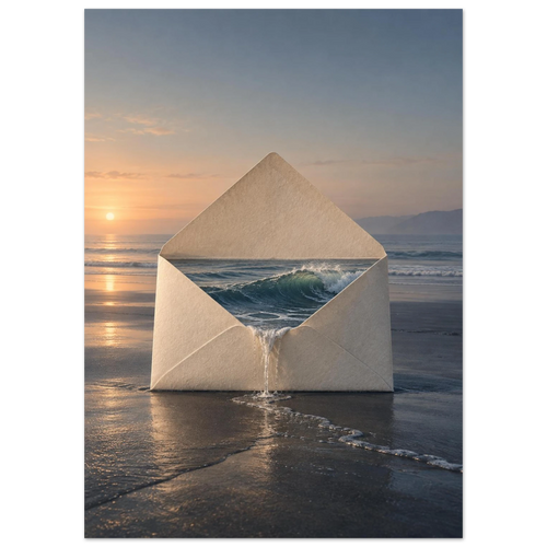 The Tide Keeps, 50 × 70 cm: an ivory envelope holding an ocean wave on a reflective shore at dawn.