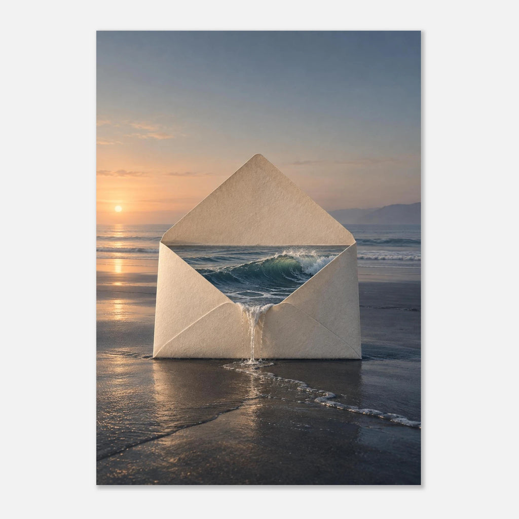 The Tide Keeps artwork close-up showing paper folds, an ocean wave and warm dawn light.