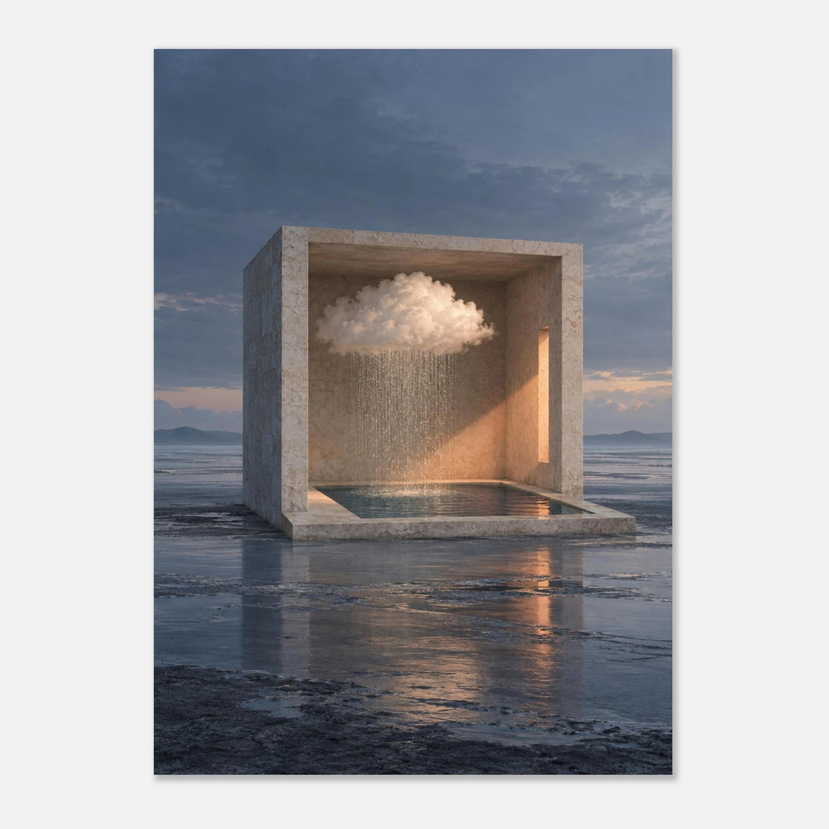 Inner Weather artwork close-up: a rain cloud suspended inside a limestone room above reflective water.