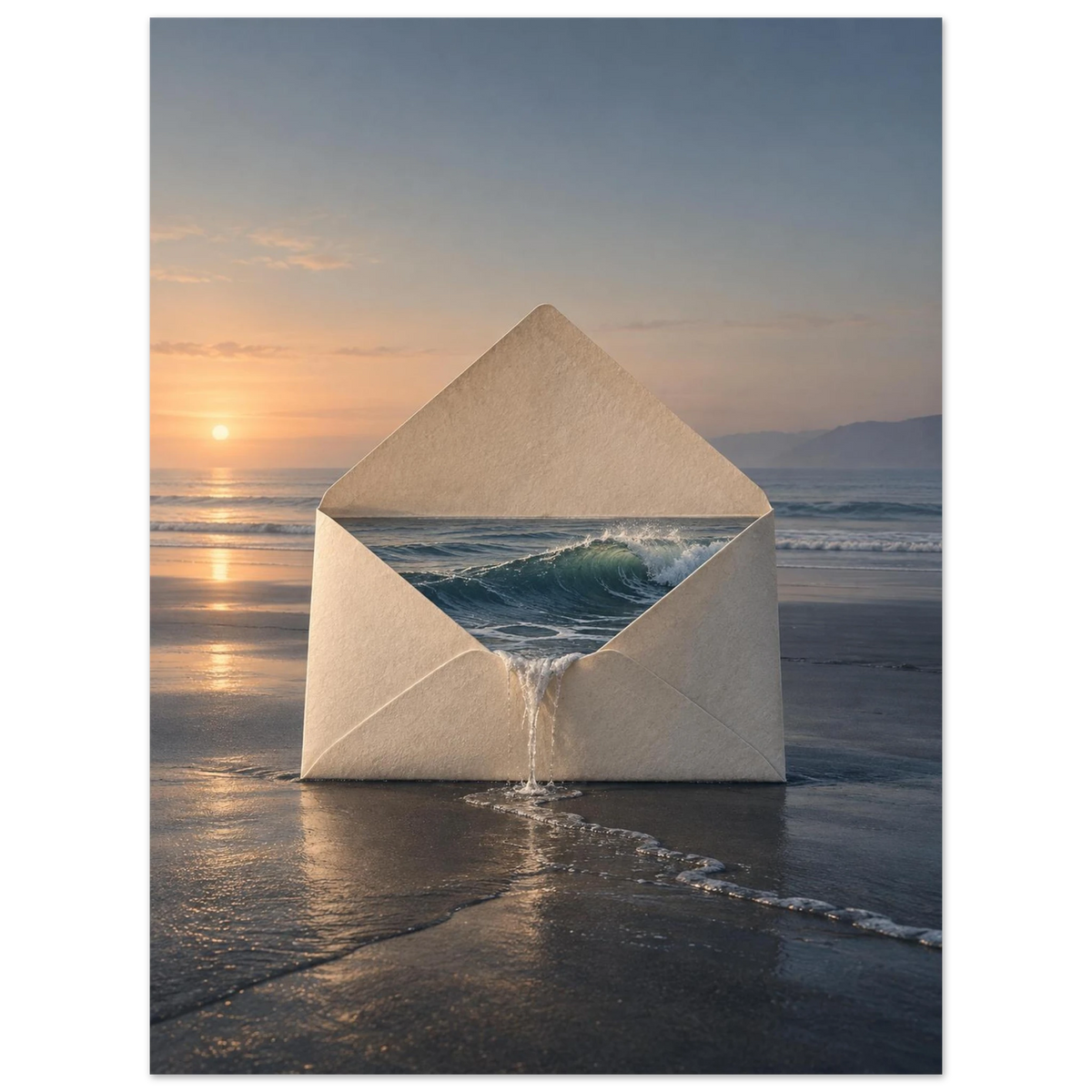 The Tide Keeps, 30 × 40 cm: an ivory envelope holding an ocean wave on a reflective shore at dawn.