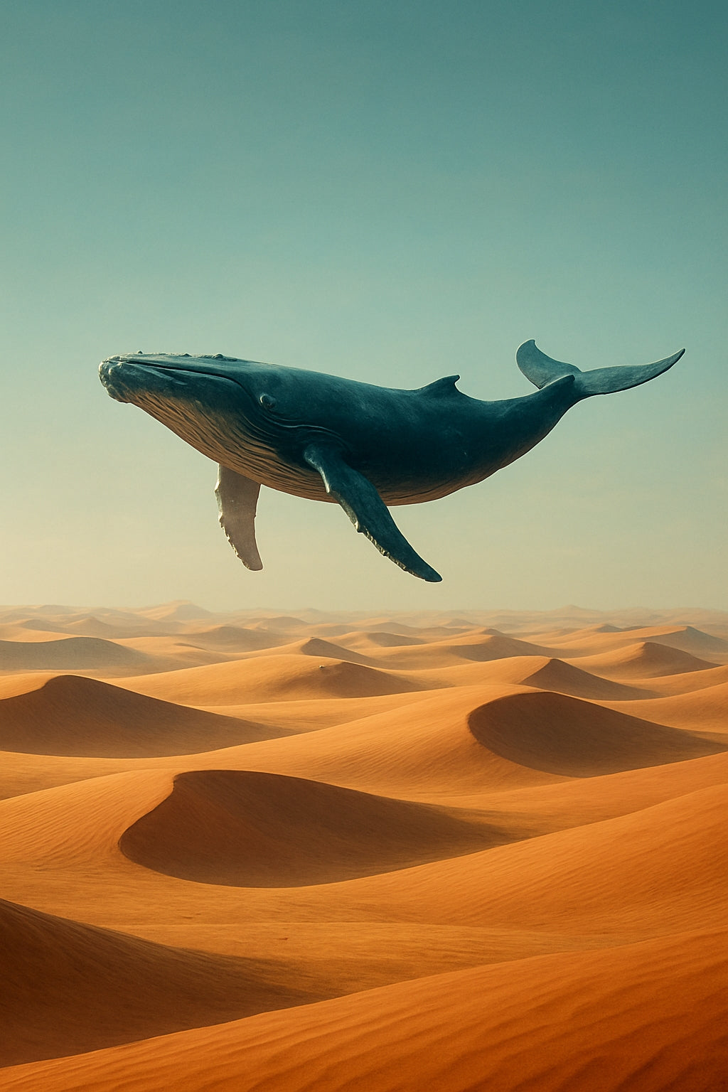 Desert Whale — original artwork, a floating whale above golden desert dunes.