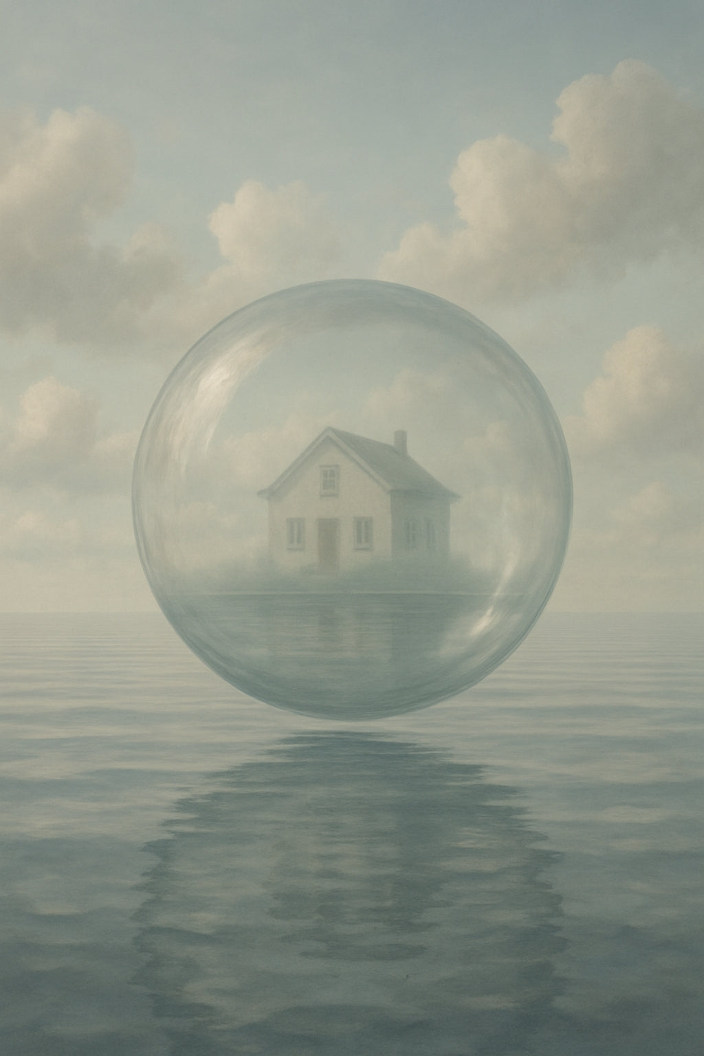 House in a Bubble — original artwork, a small house suspended inside a glass sphere above quiet water.