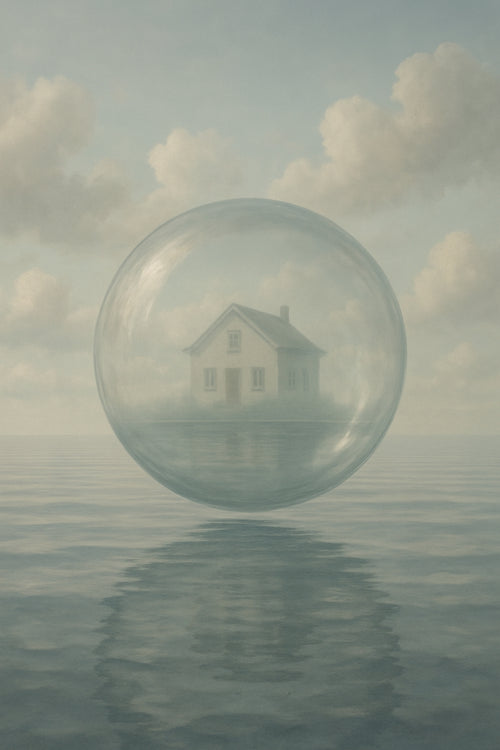 House in a Bubble — original artwork, a small house suspended inside a glass sphere above quiet water.