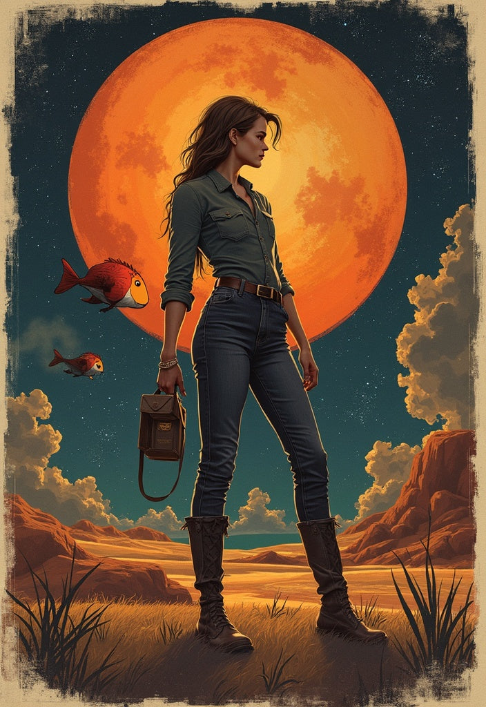 Moonlit Wanderer — original artwork, a woman beneath an orange moon with fish drifting through the desert sky.