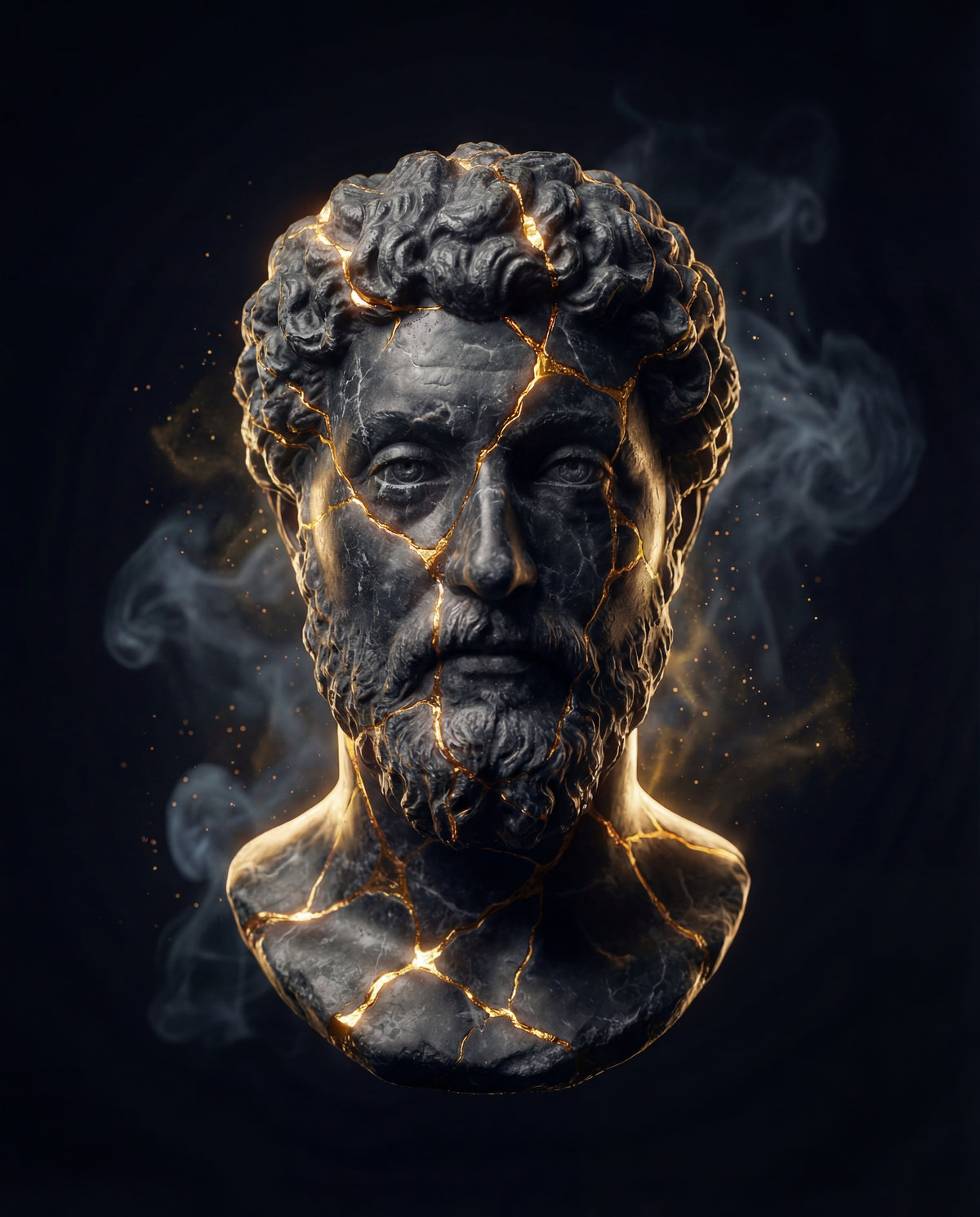Shattered Wisdom — original artwork, a dark classical bust with glowing gold fractures.