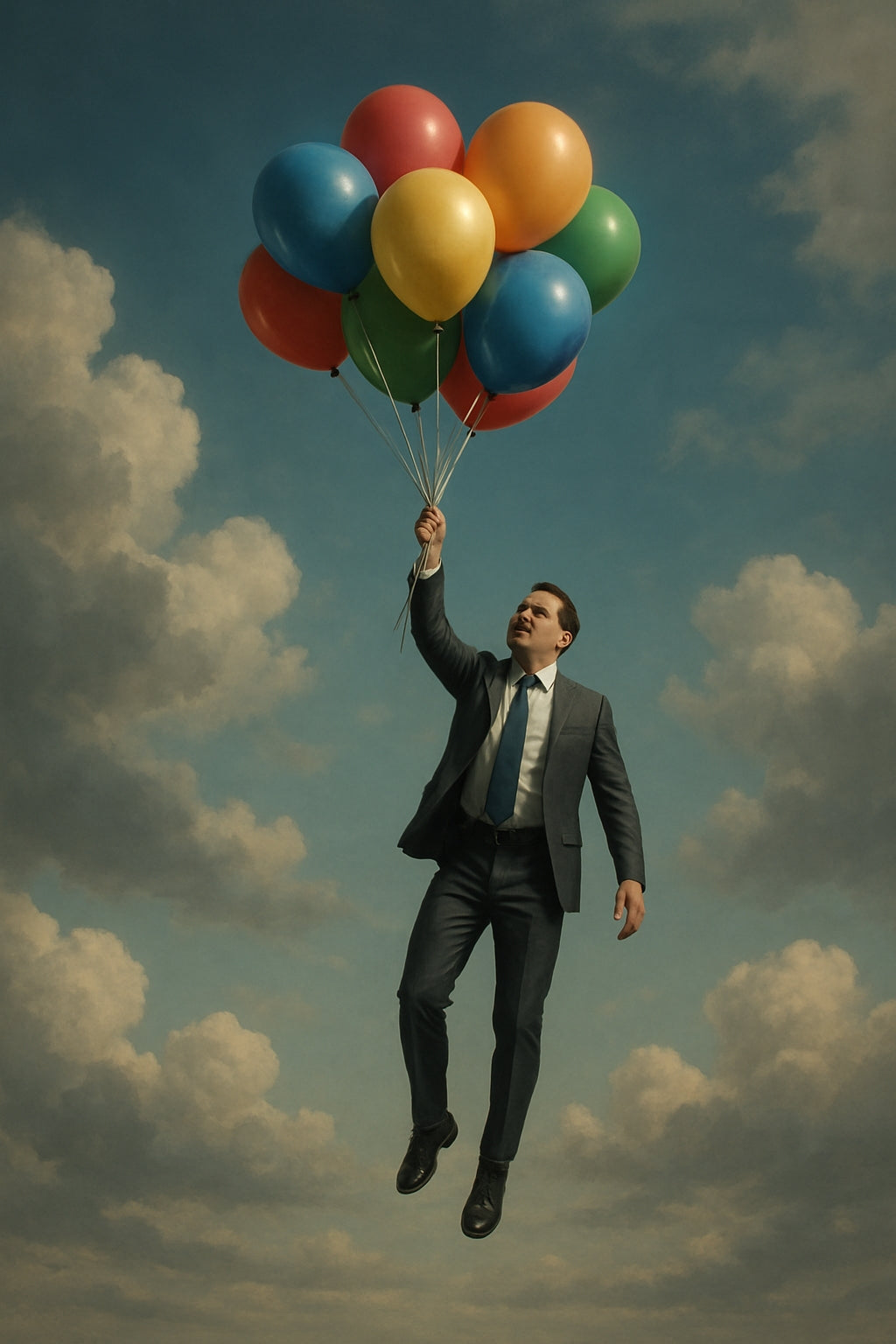 Upward Bound — original artwork, a suited figure lifted into a cloudy sky by colourful balloons.